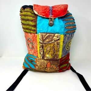 Boho Multicolor Backpack Drawstring & Button Closure Adjustable Straps